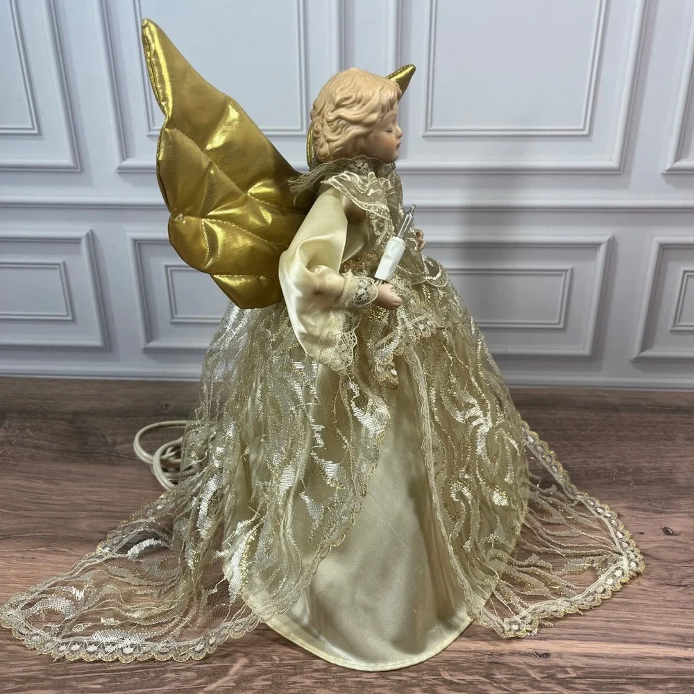 Vintage Animated Angel Tree Topper Christmas 11in Gold Cream Moving Wings Lit - Picture 5 of 13